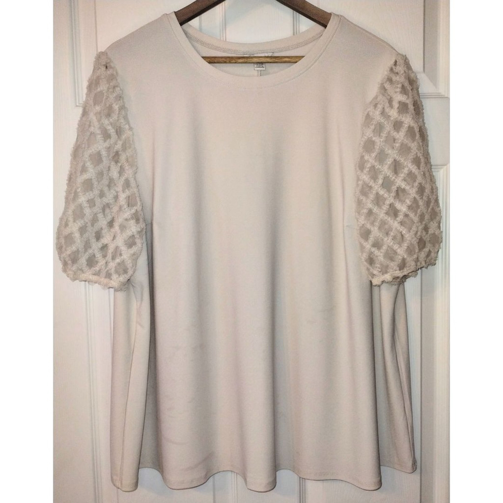 Women's Cato Beige Short Sleeve Top with Textured Sleeves 18/20W